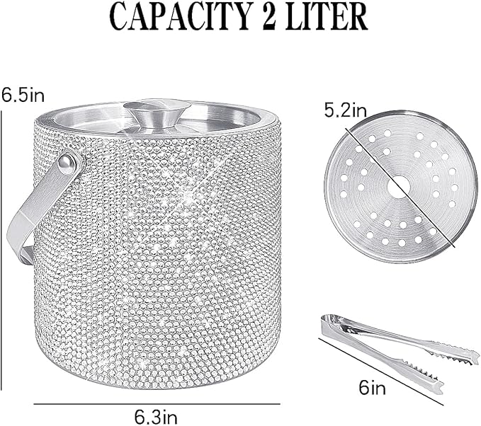 Bling Double Walled Stainless Steel Ice Bucket with Ice Tong & Lid [2 Liter] ，Shiny Insulated Ice Bucket Included Strainer Keeps Ice Cold & Dry, for Home Bar, Chilling Beer, Champagne, Red Wine