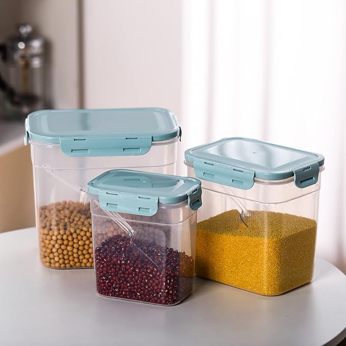 Patelai 6 Pcs Dog and Cat Food Storage Containers with Scoops Set Plastic Pet Food Storage Containers Stackable Airtight Dry for Kitchen 1.27 Qt, 2.4 Qt, 4 Qt(Blue)