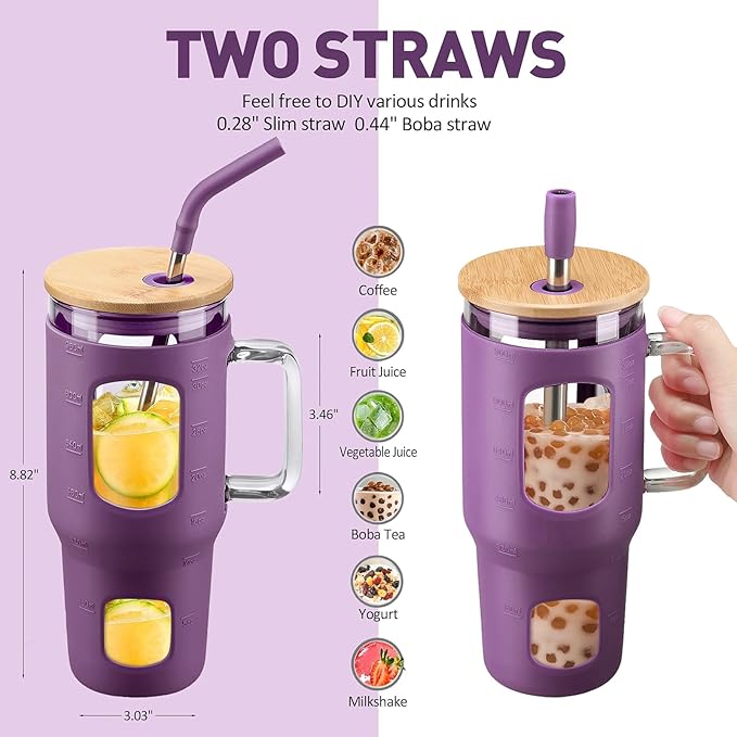 WINSA Glass Tumbler with Straw & Lid, 32 oz Glass Cup with Handle, Water Bottles with Time Marker - 2 Straws & Silicone Protective Sleeve Dark Purple