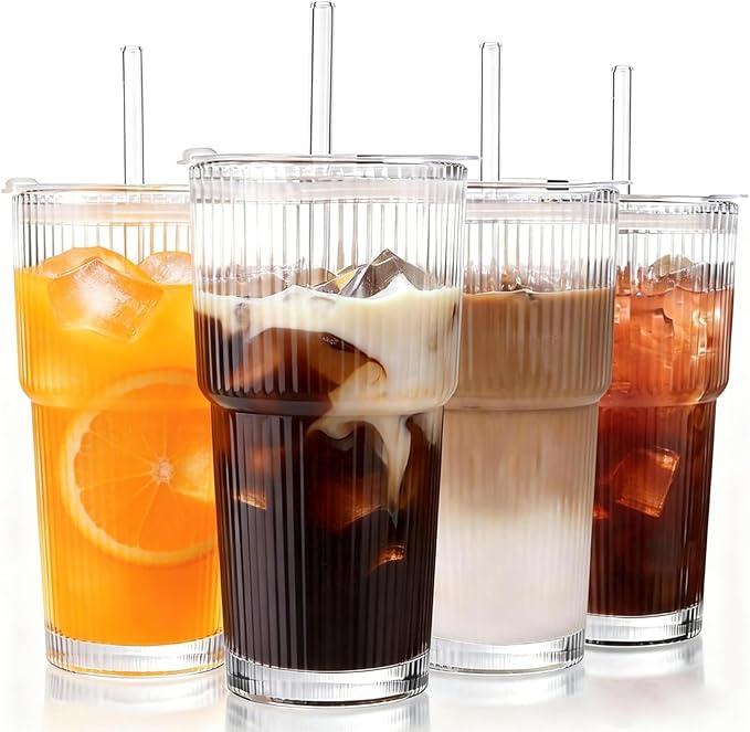 4pcs Ribbed Glass Tumbler with Straw and Lid - 20oz Reusable Iced Coffee Beer Cups, Coffee Bar Accessories for Cocktails Juices, Includes 1 Cleaning Brush