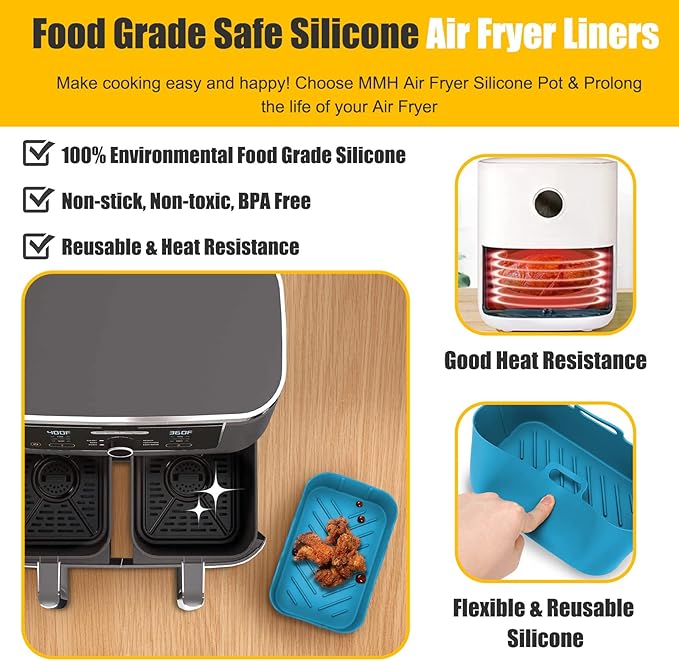 Air Fryer Liners Silicone for Ninja Foodi Dual DZ201/DoubleStack SL201 8QT, 2Pcs Reusable Airfryer Dual Basket for Chefman 6QT/Instant Vortex Plus XL 8QT | Non-stick | Easy Cleaning | Food Safe | Blue