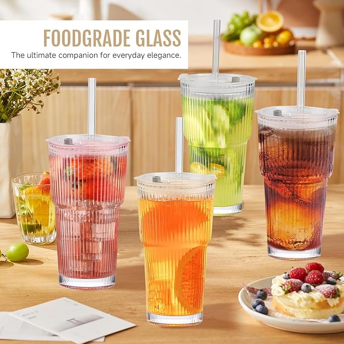 20oz Iced Coffee Cups with Lids,Coffee Bar Accessories, 2 Piece Ribbed Glass Cups with Lids and Straws, Vintage Glass Tumbler with Straw, Thicked Wall Drinking Glasses Ideal for Coffee