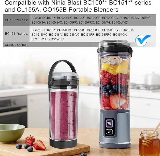 Ninja Blast Accessories 3pcs - Replacement Parts 18oz Blending Vessel Cup & Vessel Cap & Sip Lid with Carry Handle, Compatible with Ninja Blast Portable Blender BC100 Series and BC151 Series Black