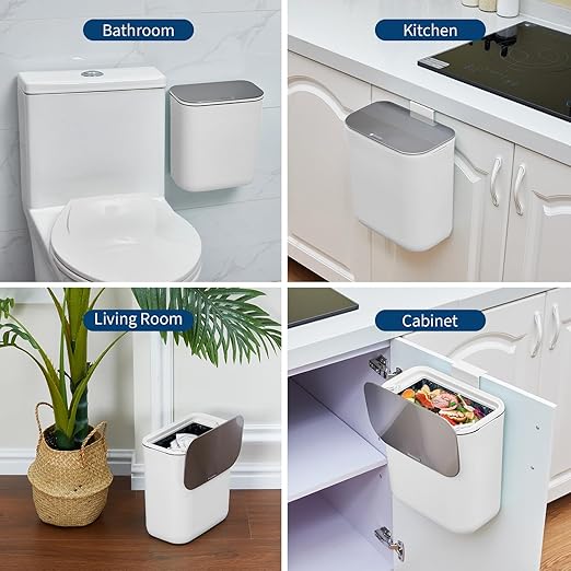 2.4 Gallon/9L Hanging Trash Can with Stainless Steel Lid, Mountable Compost Bin for Kitchen Cabinet Door, Under Sink Food Waste Container for RV, Bathroom, Office