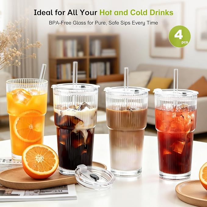 4pcs Ribbed Glass Tumbler with Straw and Lid - 20oz Reusable Iced Coffee Beer Cups, Coffee Bar Accessories for Cocktails Juices, Includes 1 Cleaning Brush