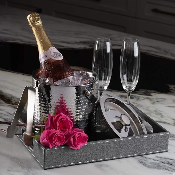 Hammered Ice Bucket - Ice Bucket with Tongs - Insulated Ice Bucket with Lid - Double Wall Ice Bucket 3 Quarts - By Colleta Home