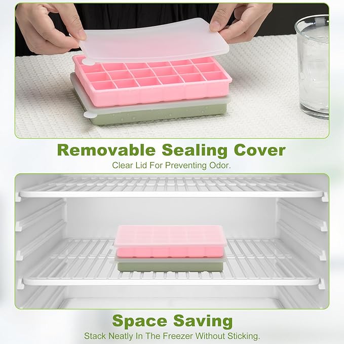 Silicone Ice Cube Tray, Easy Release Flexible Ice Cube Tray with Removable Lid, 24 Small Ice Cub Per Tray for Whiskey, Freezer, Cocktail, Reusable & BPA Free (Pink+Green)