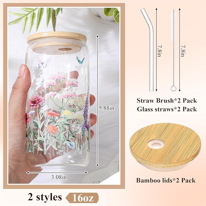 Mumufy 2 Pack Bridesmaid Gift Glass Cups, Cute Flower Mason Jars with Bamboo Lids & Straws, 16oz Iced Coffee Tumblers for Wedding, Bridal Party, Birthday, Mother's Day(Wild Flower2)
