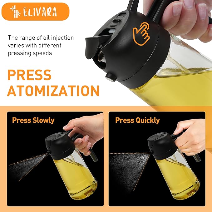 2-in-1 Oil Sprayer and Dispenser, 16oz / 470mL Glass Olive Oil Bottle for Cooking, Grilling, and Salad Dressing – BPA-Free, Easy-Pour, Anti-Clog Nozzle, Dishwasher Safe (Black)