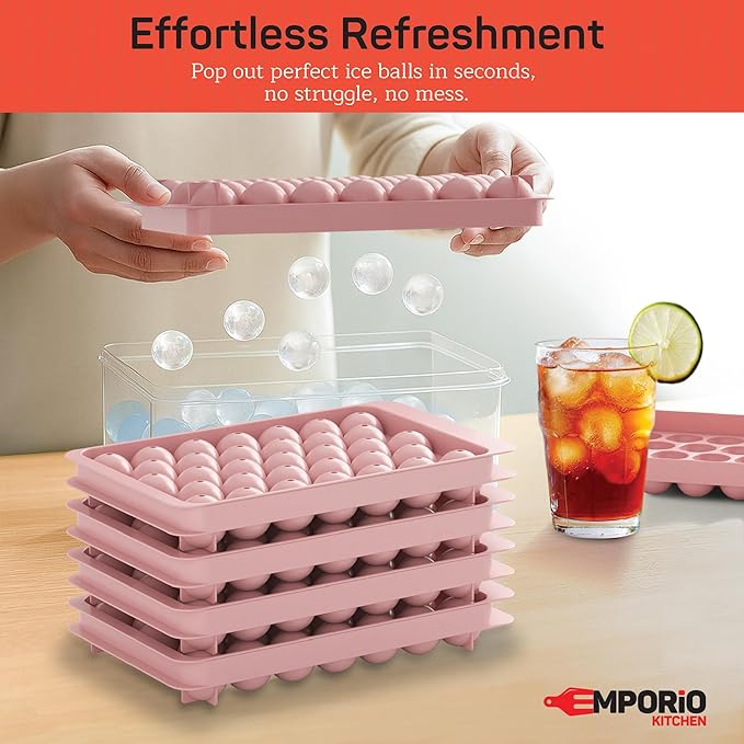 Emporio Kitchen Round Ice Cube Tray Set Pack of 2, BPA-Free Stackable Trays with Lid & Tongs, 33 Ice Balls Per Tray for Whiskey, Drinks, and Cocktails, Quick Release Round Ice Cube Mold, Pink