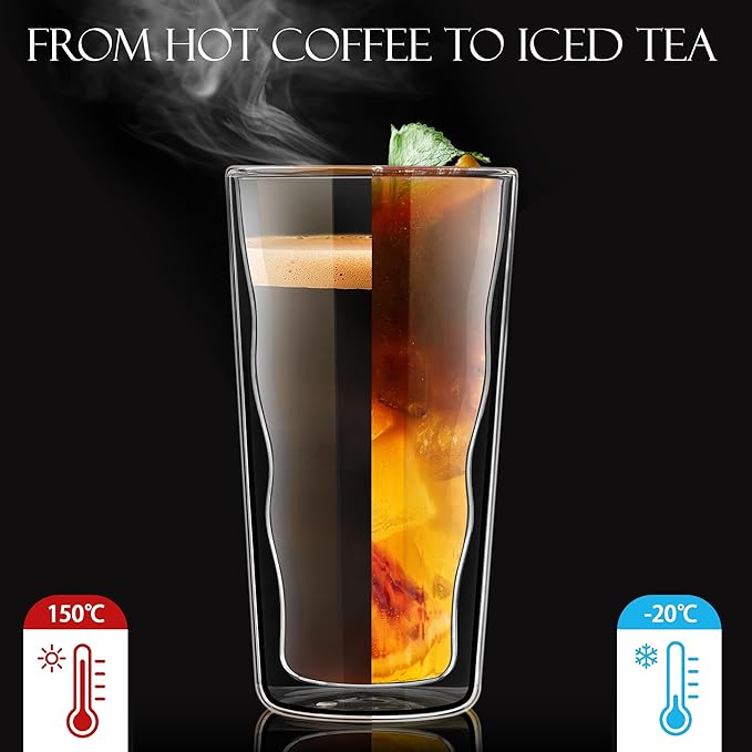 Joeyan Double Wall Glass Tumbler, 15.2oz Wave Insulated Highball Glasses, Clear Borosilicate Tall Glass Coffee Drinking Cups for Iced Coffee, Latte, Cocktails, Tea, Smoothie, Mixed Drinks, Set of 2