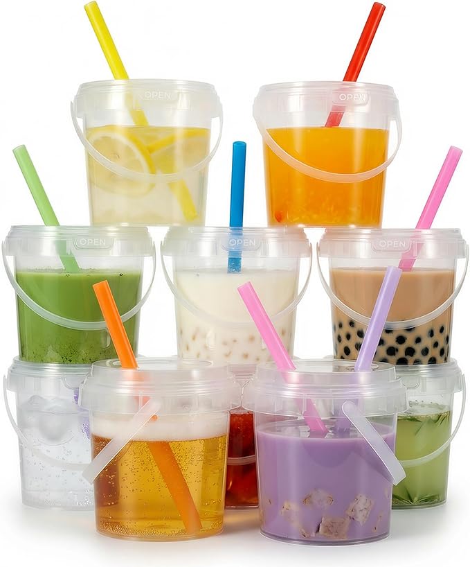 ASEVAT 10 Pack 34oz Clear Plastic Drink Buckets with Dual-Lid System, Reusable 1L Cups with Lids and Straws, Leakproof Bucket Cups for Boba Bubble Tea, Smoothies, Iced Coffee