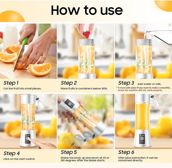 Portable Blender for Smoothies & Shakes - Cordless Personal Size Mini Blender with BAP Free Juice Cup, USB Rechargeable Suit for Sports/Picnic