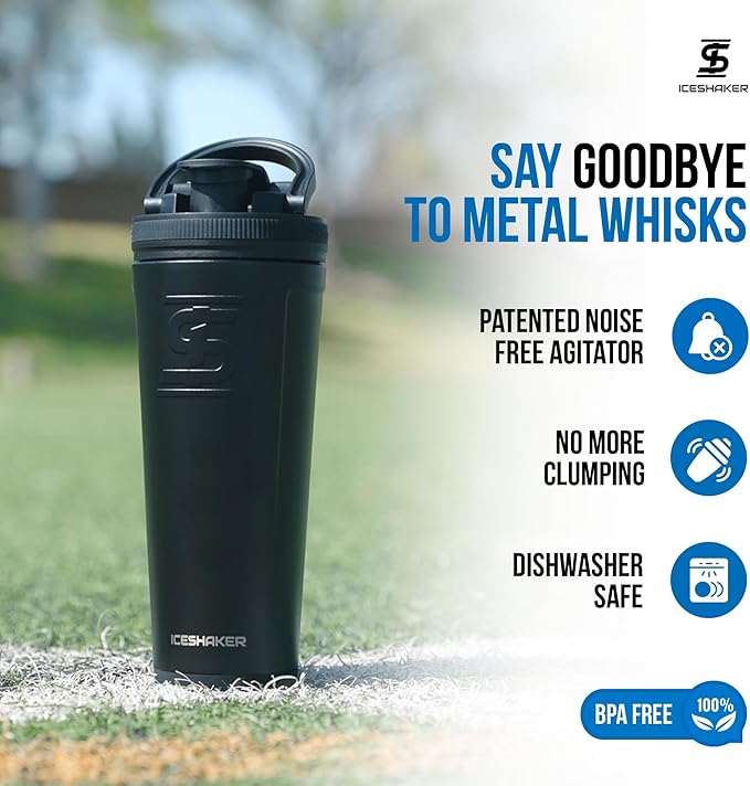 Ice Shaker Insulated Stainless Steel Shaker Bottle | 26oz, Black | Cold for 30+ Hours | Insulated Cup with Twist-on Agitator | Odor-Free Bottle for Protein Shakes, Water, Smoothies, Cocktails