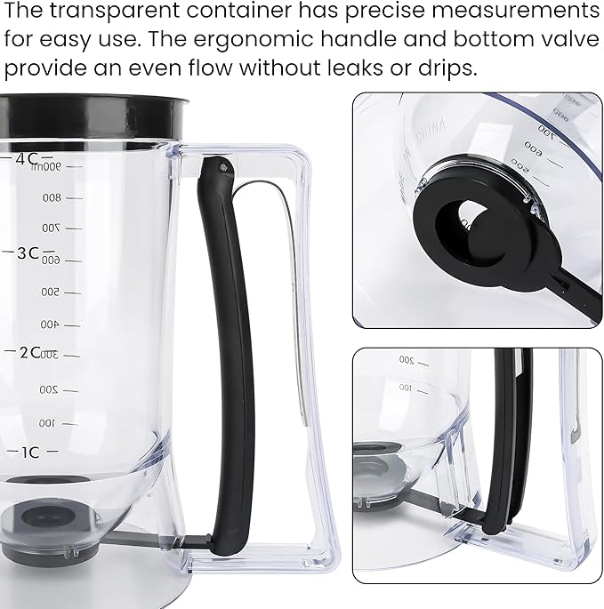 FUNGYAND Pancake Batter Dispenser, 4-Cup Set with Muffin Rings & Spatula - Ideal for Pancakes, Cupcakes, Waffles, and Muffins, Easy Squeeze Handle