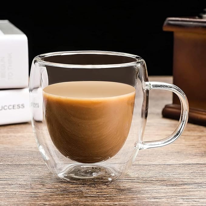 8 oz/250ml Double Walled Glass Coffee Mugs, Clear Coffee Cups and Mugs Set of 4, Cappuccino Latte Macchiato Glasses Cups with Handle, Espresso Mug Cups for Latte, Hot/Cold Drink