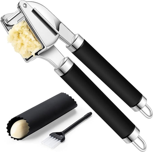 Rainspire Premium Garlic Press Stainless Steel, Garlic Mincer Tool, Garlic Crusher Tool, Garlic Smasher Garlic Masher Includes Silicone Garlic Peeler & Cleaning Brush, Dishwasher Safe (Black)