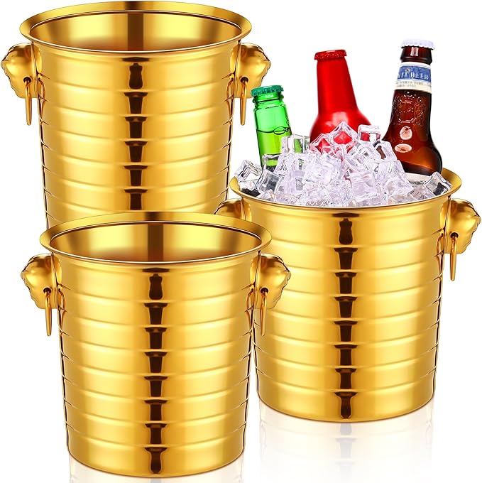 Pinkunn 3 Pack Stainless Steel Champagne Bucket 3 Qt Metal Ice Bucket Double Wall Wine Buckets with Handles Party Beverage Chiller for Champagne Beer Cocktail Wine Drinks Home Bar Accessories (Gold)