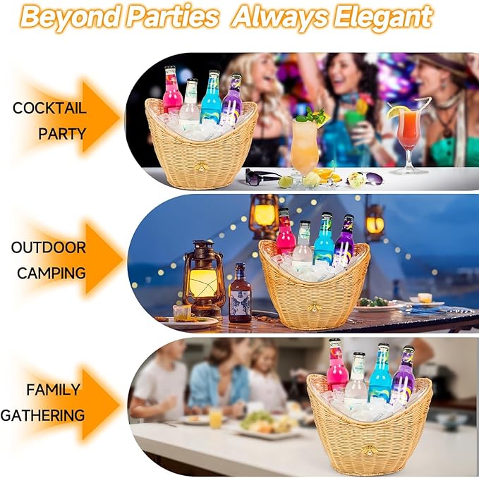 Lexenic 2 PCS Ice Bucket with Handle Hole, Woven and Acrylic Double Layer Basket Design, 4L Champagne Wine Ice Bucket for Cocktail Bar, Parties, Picnics- Anti Frozen Hands Anti Water Leakage (Rattan)