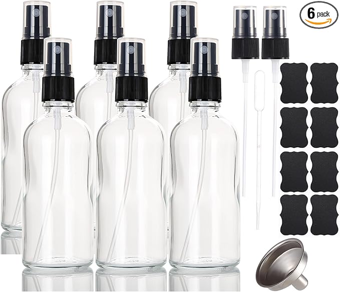3.4 oz Glass Spray Bottles,Empty Fine Mist Refillable Travel Spray Bottle for Cleaning,Perfume,Aromatherapy,Cosmetic Sprays,Hair,Essential Oils with Fine Mist Dispenser（6 Pack）