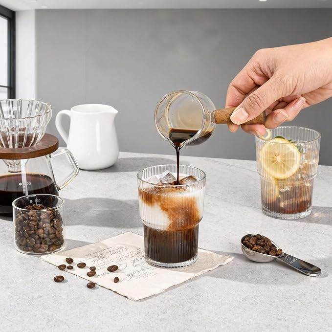 Ribbed Glass Tumbler with Lid and Straws, Resuable Ice Coffee Cups, To Go Iced Coffee Cups for Water, Smoothie, Matcha, Iced Tea Fruit Juice, Clear, 13oz, Set of 4