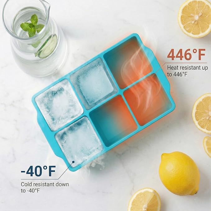 KitchFort Large Silicone Ice Cube Tray (2-Pack), Easy Release 2" Big Ice Cubes - Cocktail, Whiskey Ice Cubes Mold - Ice Trays for Freezer with Lid - Stackable Silicone Ice Tray - Turquoise