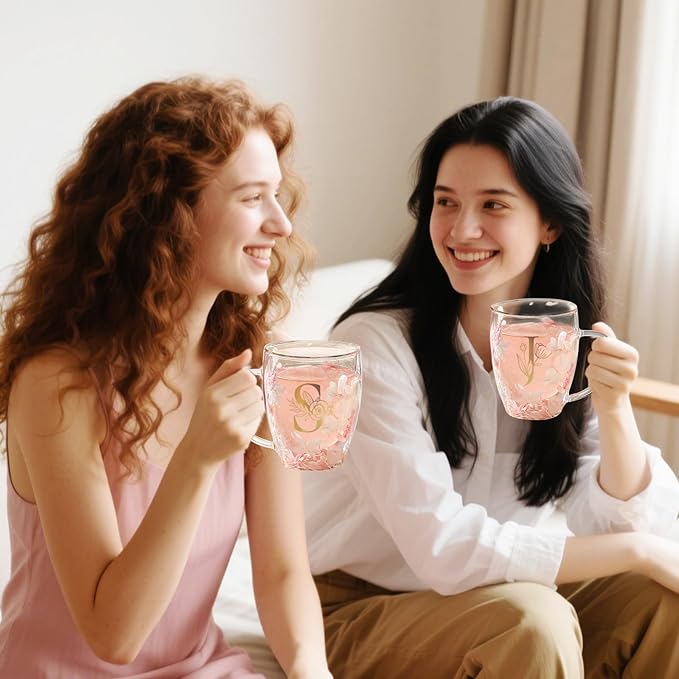 Gifts for Women Flower Cute Monogrammed Double Wall Glass Coffee Mug Initial Tea Cup Monogrammed Customized Birthday Valentine Wedding Christmas Gift for Mom Wife Friends Sister Birde Coworkers (J)