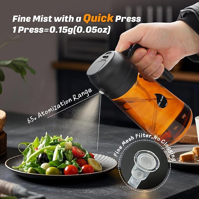 2 in 1 Oil Sprayer for Cooking, Olive Oil Dispenser Bottle for Kitchen Spray and Pour, 16oz/470ml Light-Blocking Dark Amber Glass Brown Bottle, Food-Grade Oil Mister for Air Fryer Black Cap