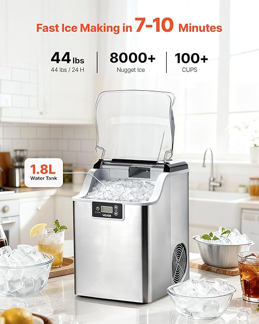 VEVOR Countertop Ice Maker, 44 lbs per Day, Self-Cleaning Portable Machine with Scoop, 4 lbs Ice-Storage Basket, Nugget Ice-Making Machine with Chewable ICES for Home, Kitchen, Office, Bar & Party