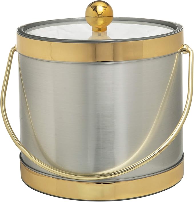Made In USA Metallic Deco Collection Double Walled Insulated Ice Bucket With Ice Tongs (3-Quart, Silver & Gold)