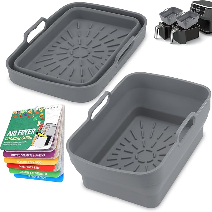 2Pcs Air Fryer Silicone Liners for Ninja SL401 /DZ201/ DZ401/ DZ550 8-10 QT, Reusable Liners for COSORI, Chefman, Instant Air Fryer, Silicone Air Fryer Basket Liners with Magnetic Cheat Sheet, Grey