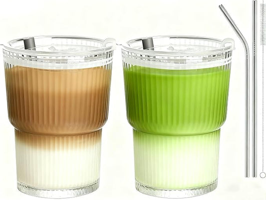 13oz Iced Coffee Cups,4Pcs Glass Cups with Lids and Straws,Drinking Glasses Clear Ribbed Glassware,Reusable Tumbler Glass to Go Cup for Matcha, Iced Tea,Juice