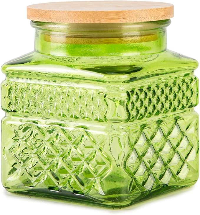 Glass Storage Canister with Airtight Lids, 20.3 FL OZ Thick Glass Candy Jar for Coffee Bean, Cocoa powder,Dog treats, Snacks Vintage Decorative Square Glass Jars for Coffee Bar Kitchen Party Counter
