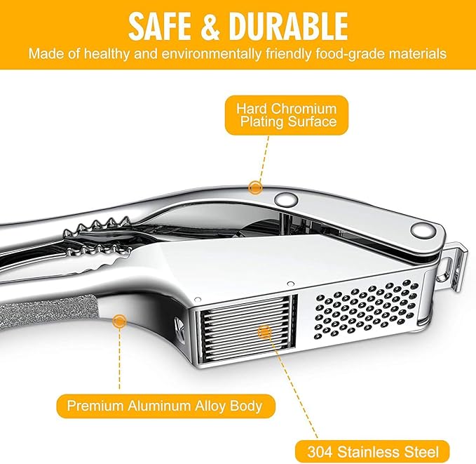Gold Garlic Press and Slicer 3 In 1 Food Grade Stainless Steel Garlic Mincer Chopper Crusher Garlic Press Kitchen Tool with Garlic Peeler Skin Remover and Clean Brush