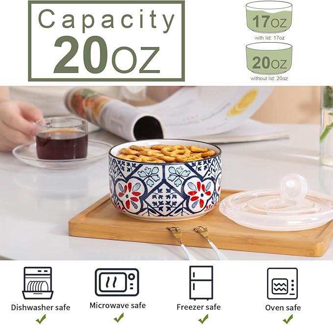 Ceramic Bowls Set with Lids: Set of 4 Microwave Safe Bowls for Soup Meal Prep Cereal Salad Fruit - Food Storage Containers with Lids for Work Lunch Pinic Camping - Pattern A3