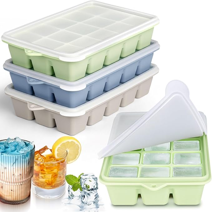 Upgraded Silicone Ice Cube Tray 3Pack with Spill-Proof Lid, Easy Release Stackable 15 * 3 Ice Cube Mold Trays for Freezer, 1.2‘’ Ice Cubes for Whiskey, Cocktails, Coffee - BPA Free & Dishwasher Safe