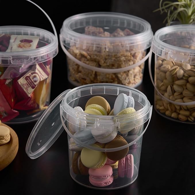 24 Pack Ice Cream Bucket with Lids and Handles, 25OZ/ 33OZ Clear Plastic Rum Bucket Cocktail Drinks Containers, Plastic Food Storage Pail Tub for Summer Cold Drink Beach Parties