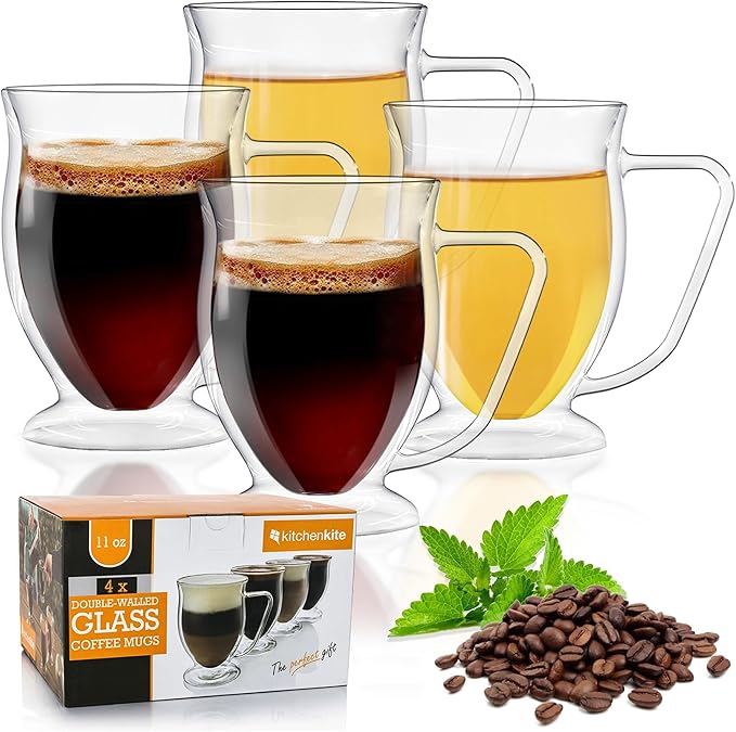 Kitchen Kite Double Wall Glass Coffee Mugs 11oz Set of 4, Insulated Borosilicate Glass Coffee Cups with Handle - Dishwasher & Microwave Safe Clear Mugs for Cappuccino, Latte, Espresso, Tea