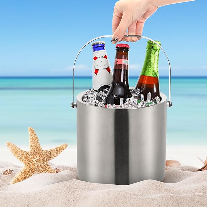 Tebery Stainless Steel Insulated Ice Bucket with Lid and Tong Double Walled Silver Barware Serveware for Parties Events Gatherings - 6.7H x 7.5W Inches