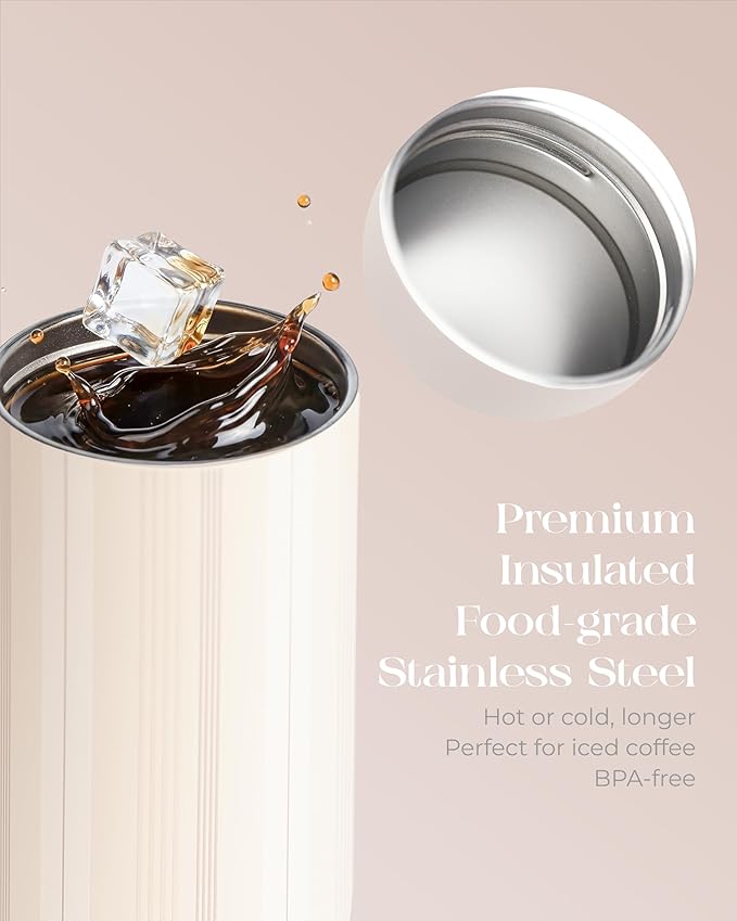 15 oz Stainless Steel Coffee Tumbler with Twist-Open Lid, Insulated Travel Mug for Iced Coffee Cold Brew and Warm Beverages, Leakproof, BPA-Free, Cup Holder Friendly, Stripe Cream