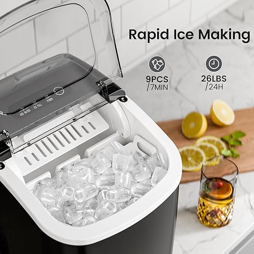 Kismile Countertop Ice Maker with Handle, 26Lbs/Day, 9 Ice Cubes in 6 Mins, Self-Cleaning Portable Ice Machine for Home, Kitchen & Office (Black)