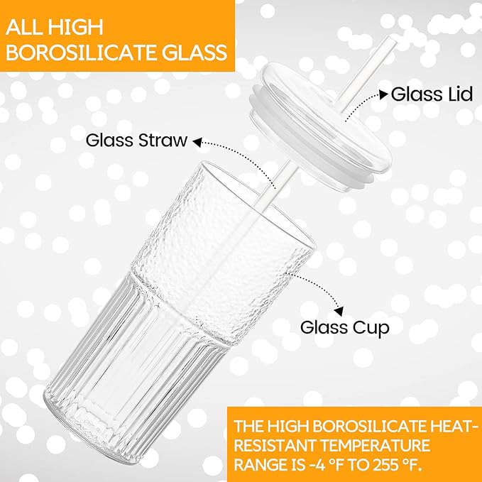QWEZXO Glass Cups With Lids and Glass Straws，20 OZ High Borosilicate Glass Tumbler Iced Coffee Water Smoothie…