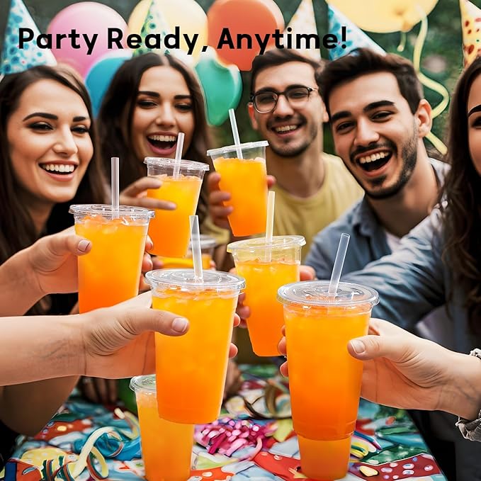 AOZITA 100 Pack - 20 oz Clear Plastic Cups with Lids and Straws, Food Safe Disposable Iced Coffee Cups for Cold Beverages, Smoothies, Iced Coffee, Leak-Proof, BPA-Free