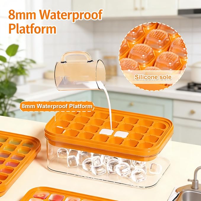 Effortless Ice Cube Tray, One-Second Release Ice Maker with Large Storage Bin and Ice Scoop, 2-Pack Stackable Silicone Trays Makes 56 Cubes, Odor-Free & Space-Saving for Cocktails & Coffee