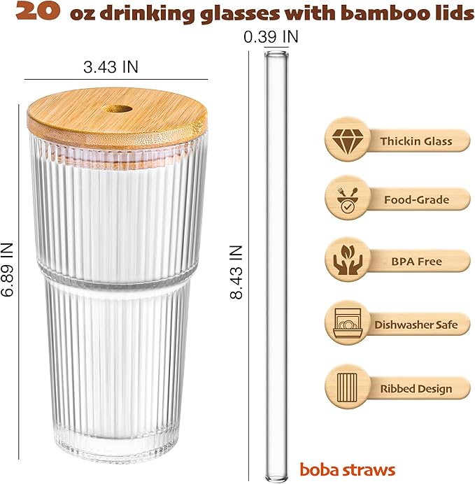 Dingerjar 20 oz Ribbed Glass Tumblers with Bamboo Lids and Straws, 2 Pcs Wide Mouth Thickened Vintage Glass Cup for Boba, Iced Coffee, Juice