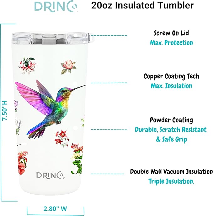 Drinco - 20 oz Stainless Steel Tumbler | Double Walled Vacuum Insulated Mug With Lid, 2 Straws, For Hot & Cold Drinks (20oz Hummingbird)