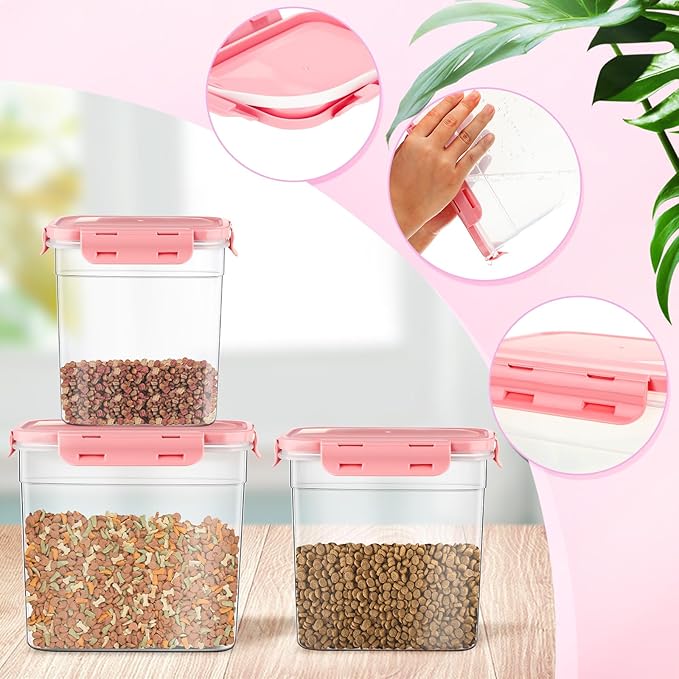 Patelai 6 Pcs Dog and Cat Food Storage Containers with Scoops Set Plastic Pet Food Storage Containers Stackable Airtight Dry for Kitchen 1.27 Qt, 2.4 Qt, 4 Qt(Pink)