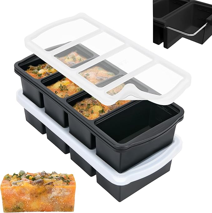 ZIP STANDING Silicone Freezer Trays with Lid,1-cup Soup Freezer Container large Ice Cube Molds with Reinforced Steel Ring Top for freezing Soup Sauce Broth Leftovers oven Dishwasher -Safe(2-Pack)