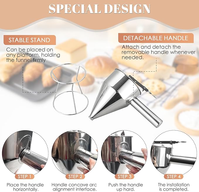 MAOPINER 40.5OZ Stainless Steel Pancake Batter Dispenser, Piston Funnel Cake Dispenser with Stand, Commercial Chocolate Funnel for Baking & Takoyaki (1200ML/40.5OZ with 4PCS Nozzles)