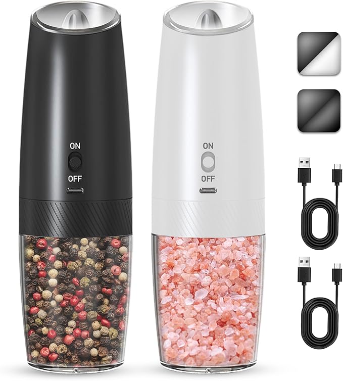 UNNEES Rechargeable Electric Salt and Pepper Grinder Set, Gravity Activated, Adjustable Coarseness, LED Light, USB Charging, Ceramic Core, 150ml Transparent Hopper, Black + White
